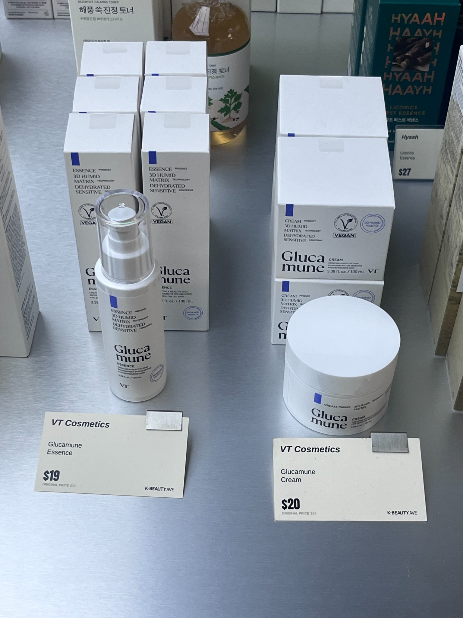 VT Cosmetics Glucamune Essence and Cream bottles and boxes on display