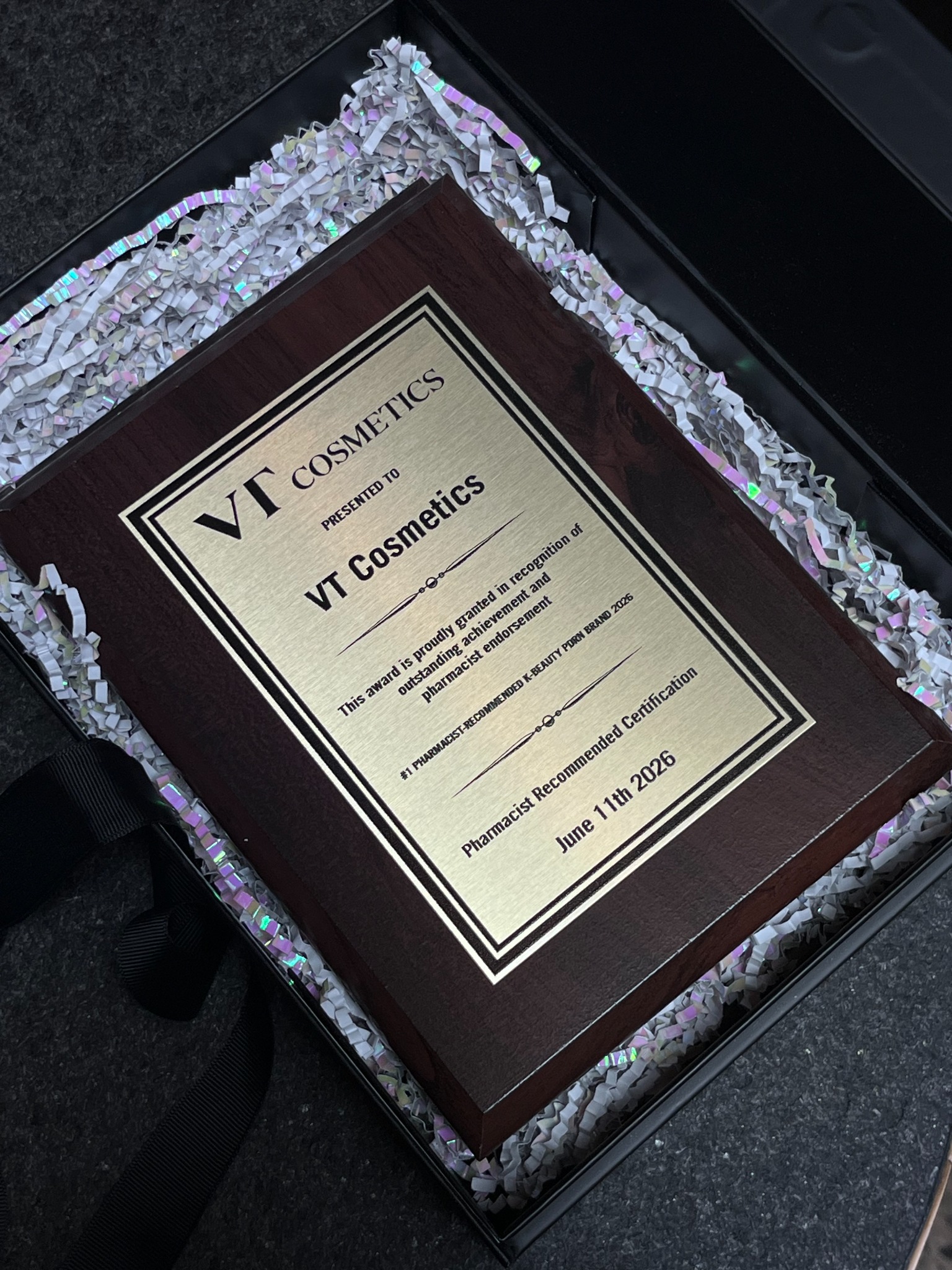 VT Cosmetics recognition plaque in its presentation box