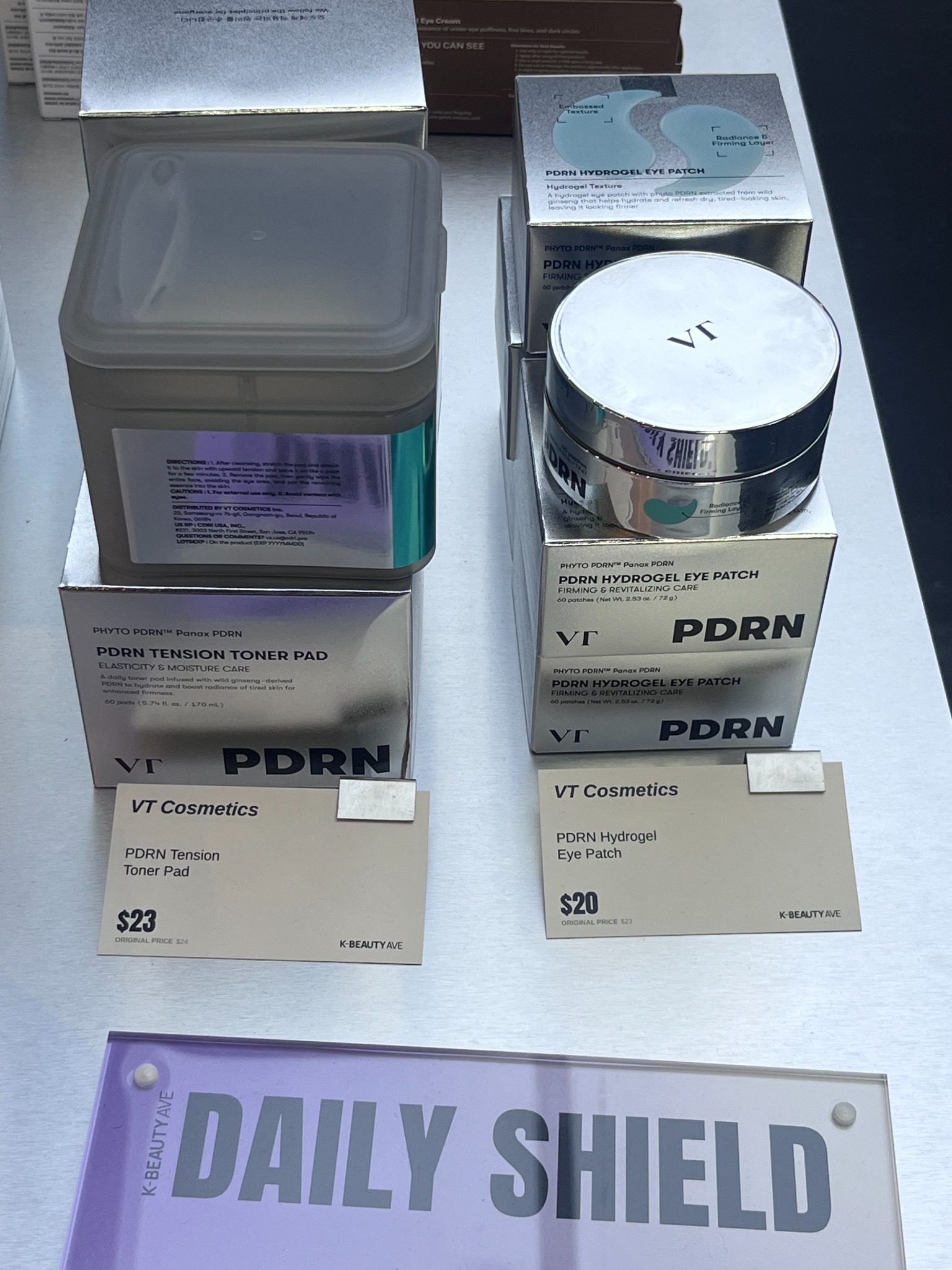 VT Cosmetics PDRN Tension Toner Pad and PDRN Hydrogel Eye Patch products on display